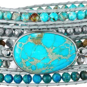 Women Boho Leather Crystal Stone Wrap Bracelets Natural Turquoise, Gift Ready